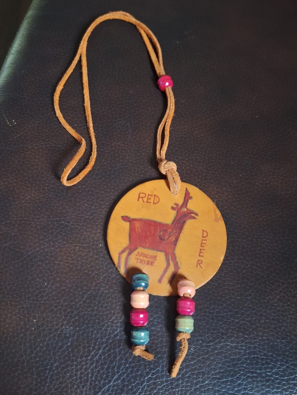 Handcrafted Tan Leather Necklace with Red Deer Pendant.Apache Tribe